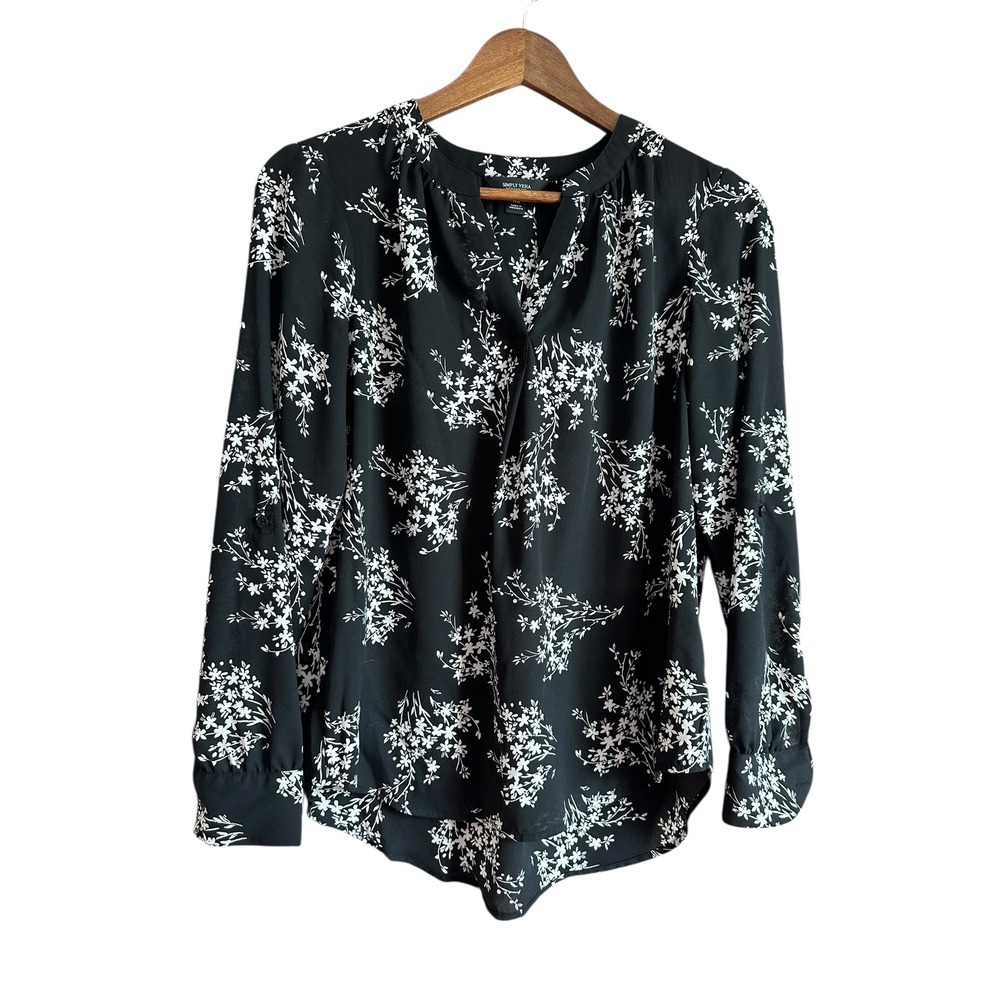 SIMPLY VERA WANG‎ Black Floral Print V Neck Long Sleeve Blouse Top XS